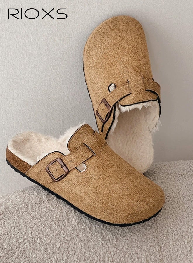 RIOXS Women's Fur Lined Suede Clogs, Slip On Lightweight Fuzzy Cork Footbed Mules for Ladies, Winter Warm Mules with Adjustable Buckle, Suitable for Dardening, Walking the Dog, Running Errands, or Relaxing at Home, Khaki - Image 2